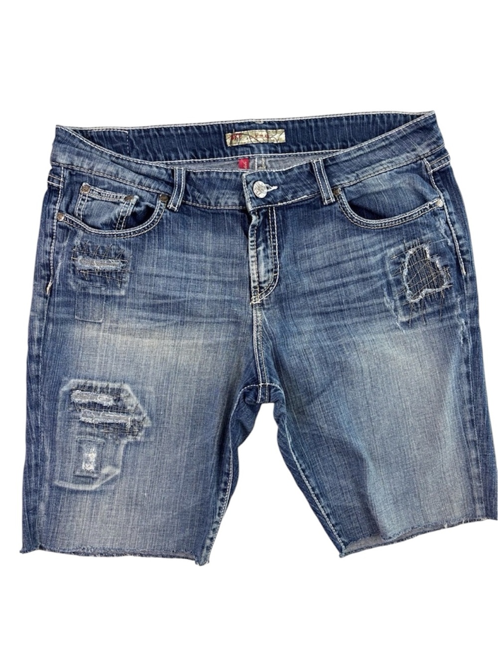 BKE Culture Distressed Denim Bermuda Shorts Patchwork Y2K Raw Hem Stretch (36)